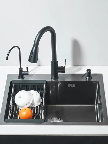 Matte black stainless steel kitchen sink with retractable faucet - Decorbites