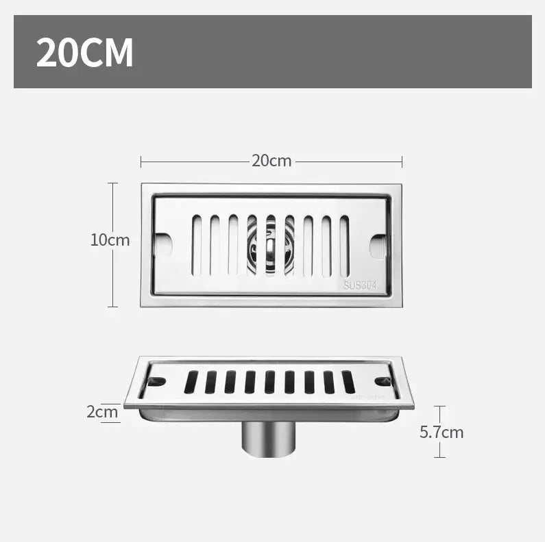 Matte black stainless steel floor drain by decorbites with silver slotted grate 20cm x 10cm for shower room