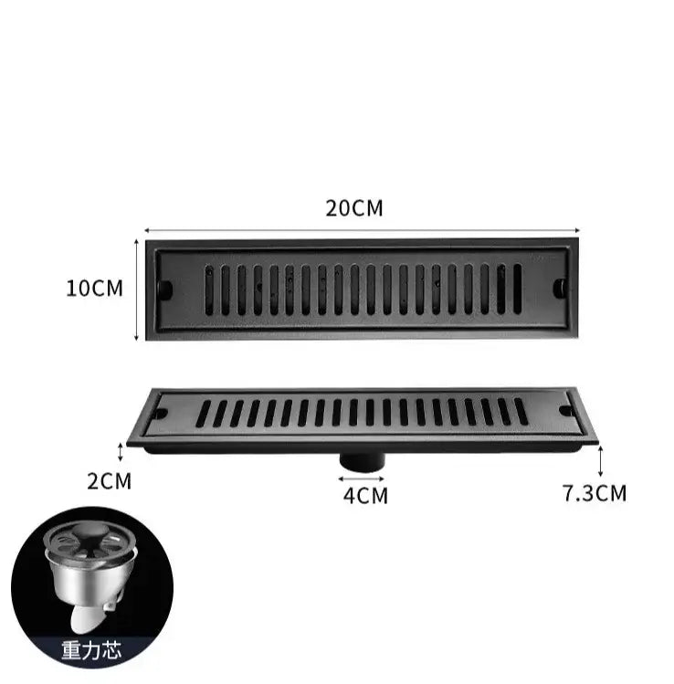 Matte black stainless steel rectangular floor drain with slotted design and gravity siphon trap for shower room decorbites black stainless
