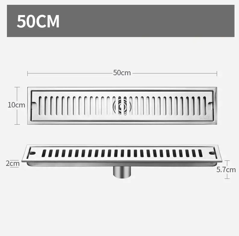 Matte black stainless steel rectangular floor drain with slotted design and central circular pattern for shower room by decorbites