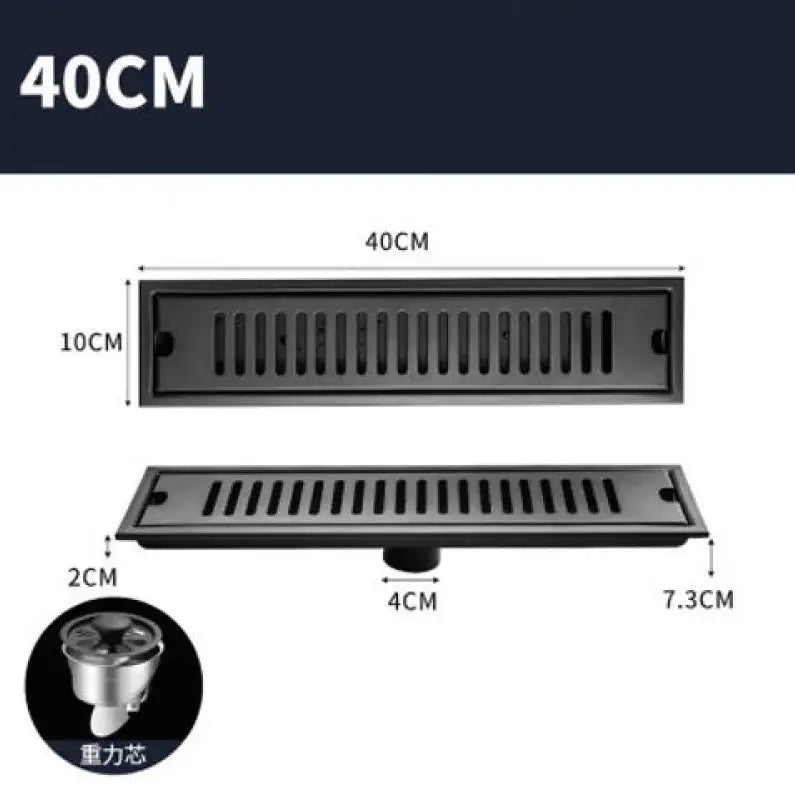 Matte black stainless steel rectangular floor drain with slotted design and integrated gravity sump for shower room by decorbites black stainless
