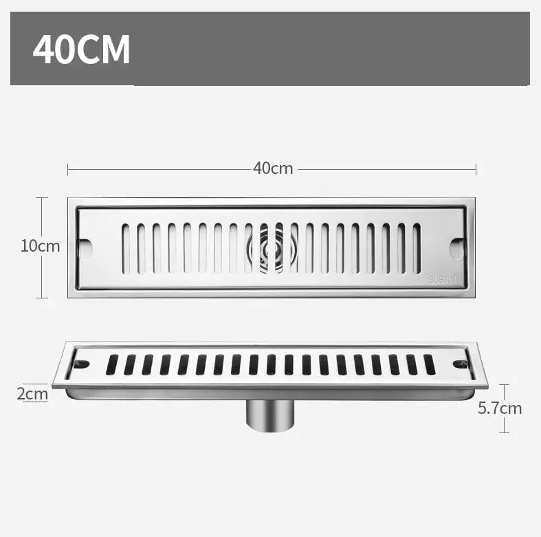 Matte black stainless steel floor drain with silver 40cm rectangular slotted design and central circular pattern decorbites black stainless