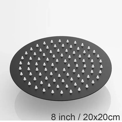 Matte black stainless steel 8-inch round shower head with white ceramic nozzles by decorbites black