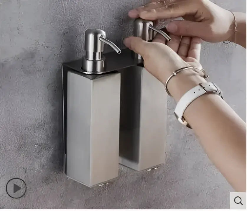 Matte black stainless steel soap dispenser set featuring dual stainless steel dispensers with a sleek rectangular design