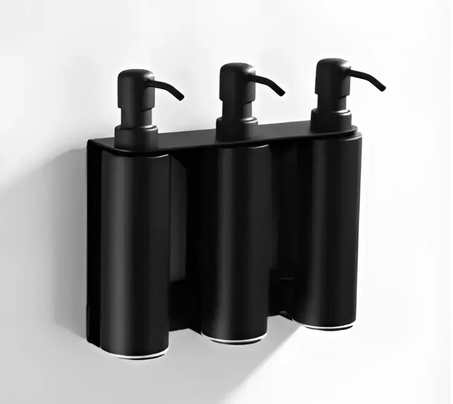 Matte black stainless steel soap dispenser set with black stainless steel cylindrical bottles for bathroom decorbites