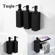 Matte black stainless steel wall-mounted soap dispenser set with three rectangular bottles and pump nozzles decorbites black stainless