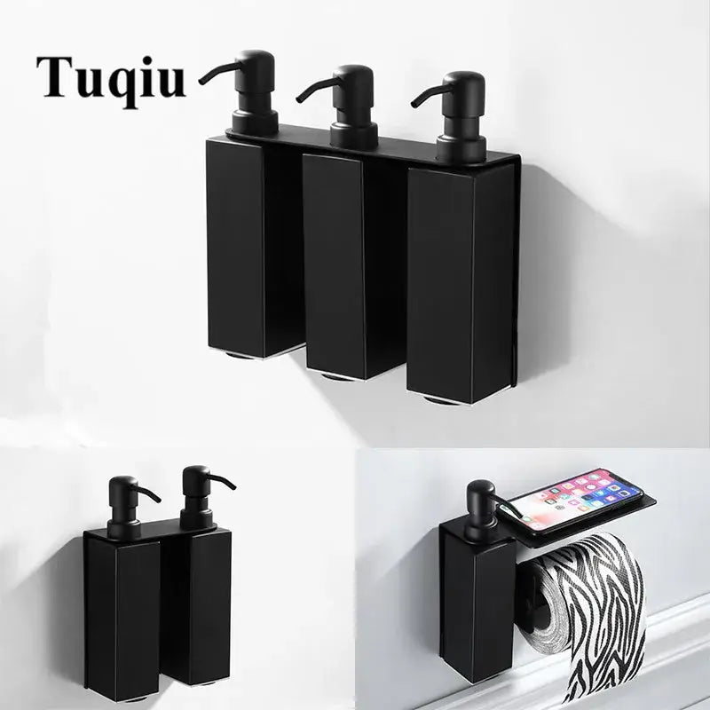 Matte black stainless steel wall-mounted soap dispenser set with three rectangular bottles and pump nozzles decorbites black stainless