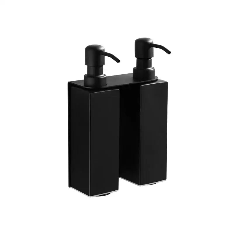 Matte black stainless steel dual soap dispenser set with sleek rectangular design and matching pump nozzles by decorbites black stainless