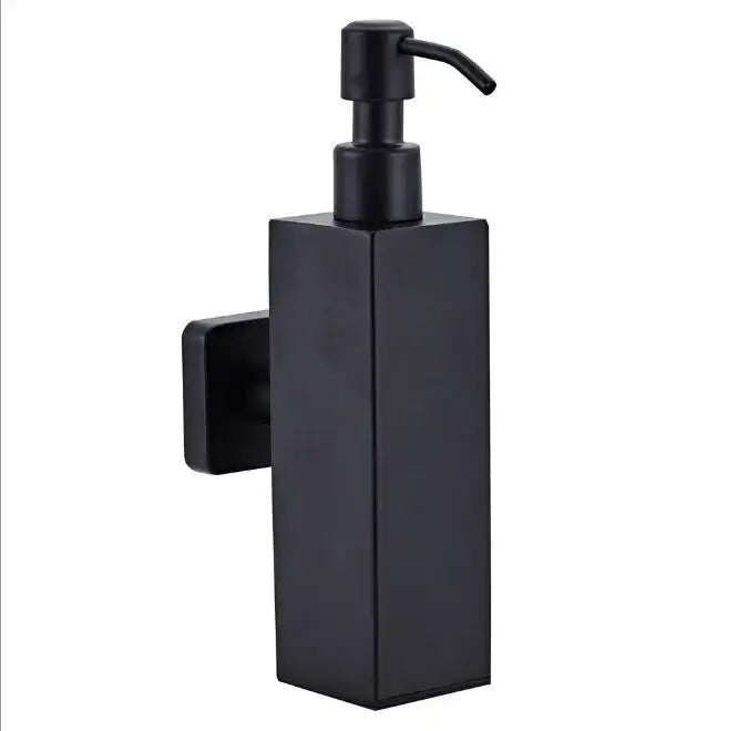 Matte black stainless steel soap dispenser with a sleek rectangular body and integrated pump for bathroom use by decorbites black stainless