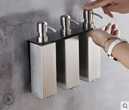 Matte black stainless steel soap dispenser set with three rectangular compartments and brushed metal pump tops for bathroom decorbites black stainless