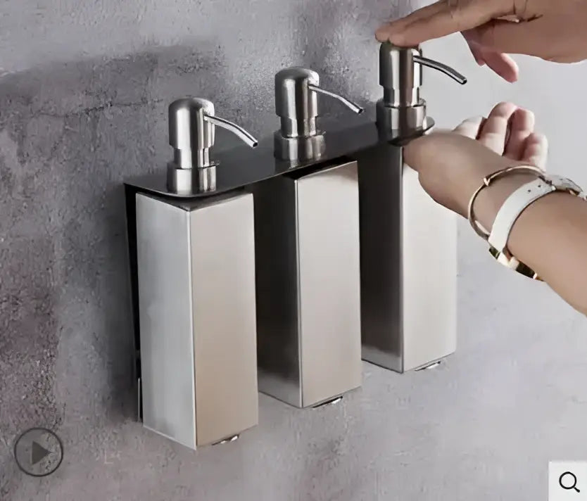 Matte black stainless steel soap dispenser set with three rectangular compartments and brushed metal pump tops for bathroom decorbites black stainless