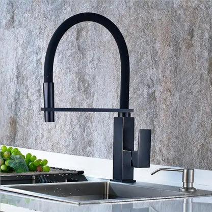 Matte black swivel kitchen faucet with pull down spray tap and curved spout in black swivel kitchen decorbites design