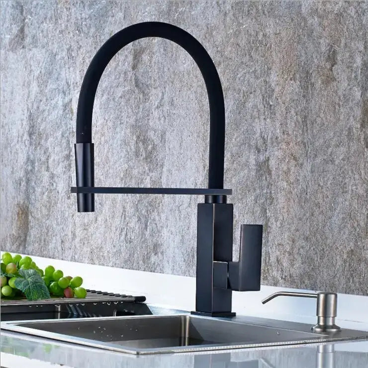 Matte black swivel kitchen faucet with pull down spray tap and curved spout in black swivel kitchen decorbites design