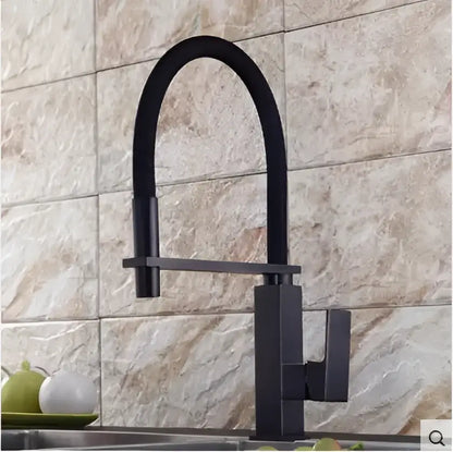 Matte black swivel kitchen faucet with pull down spray tap featuring a sleek curved spout and modern geometric design decorbites black swivel