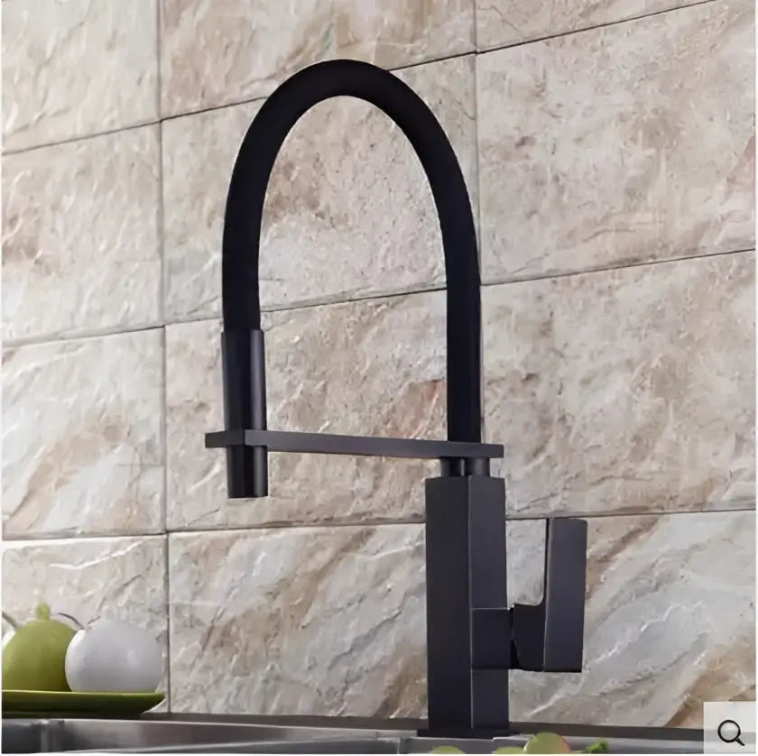 Matte black swivel kitchen faucet with pull down spray tap featuring a sleek curved spout and modern geometric design decorbites black swivel