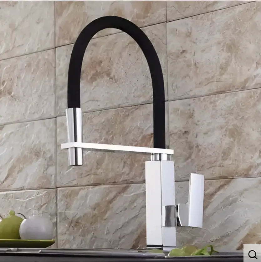 Matte black swivel kitchen faucet with chrome finish black flexible hose and minimalist rectangular handles by decorbites black swivel