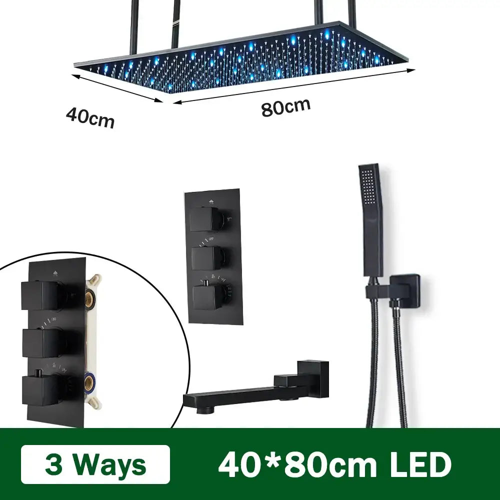Matte black thermostatic shower faucet with 40x80cm black matte led shower head with blue lighting for ceiling installation