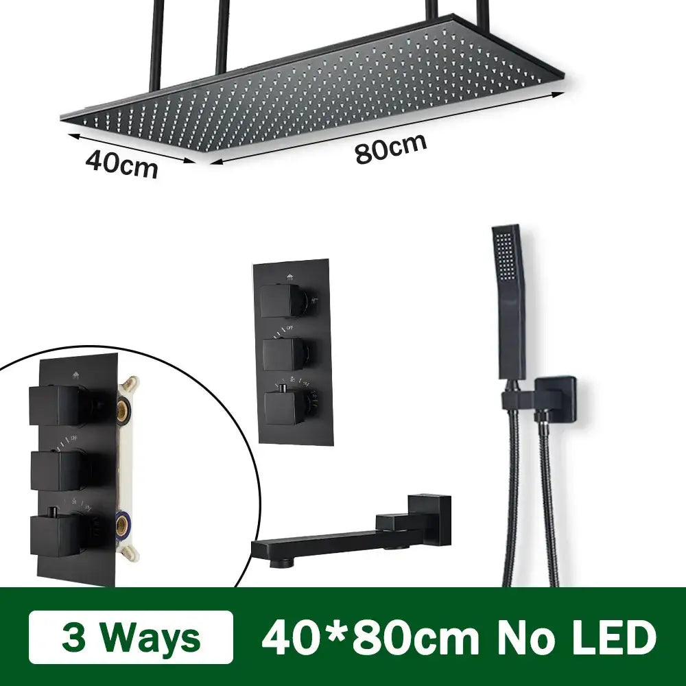 Matte black thermostatic shower faucet with ceiling mounted black matte rectangular shower head 40x80cm