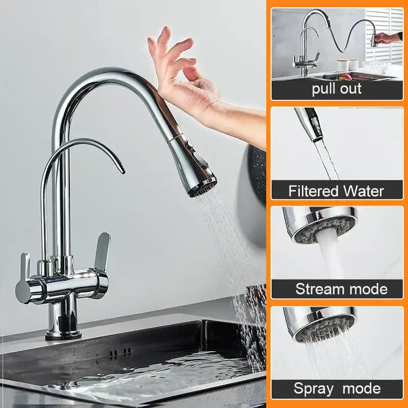 Matte black touch sensor kitchen faucet with chrome-finished pull-out spout and dual-handle control for spray modes