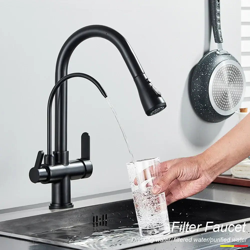 Matte black touch sensor kitchen faucet with pull down sprayer and curved spout designed for filtered water dispensing