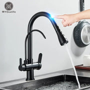 Matte black myqualife kitchen faucet with black touch sensor and pull down sprayer featuring a sleek curved spout