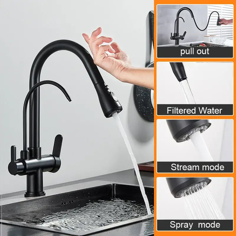 Matte black touch sensor kitchen faucet with pull down sprayer black touch and filtered water multiple spray modes