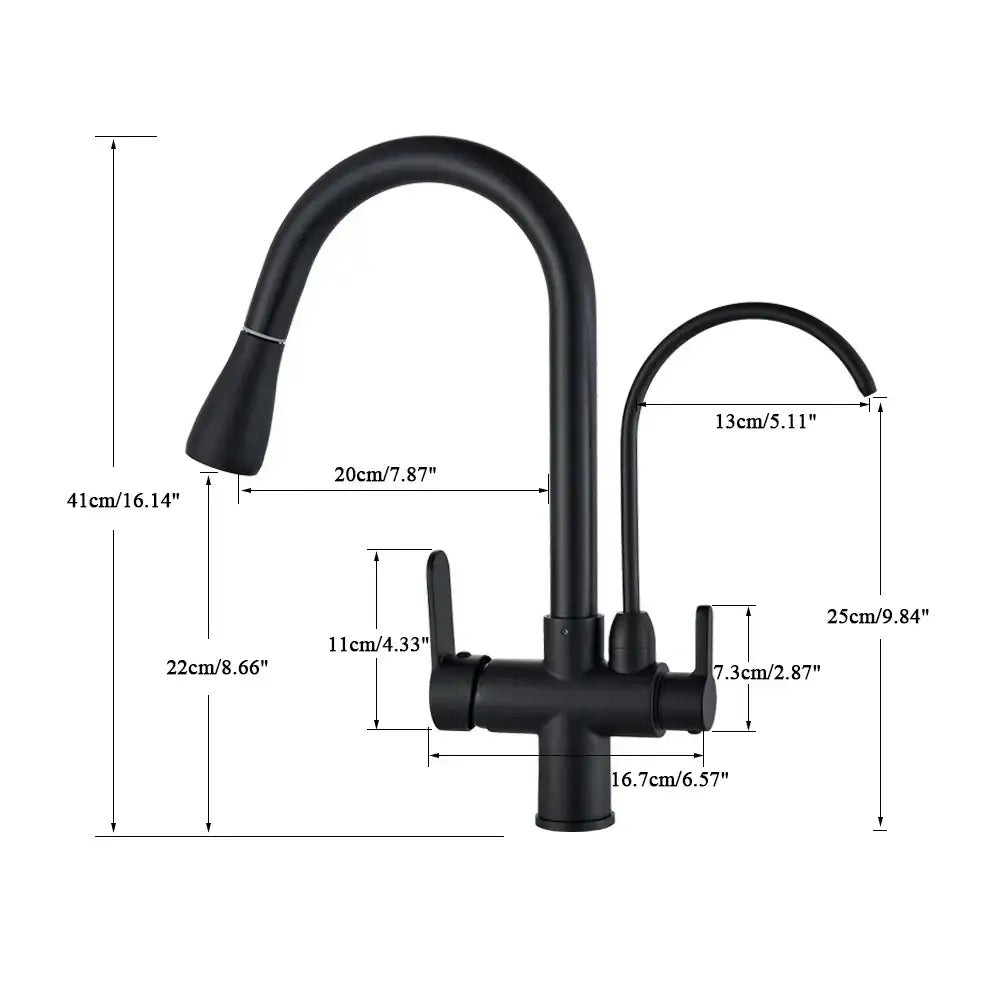 Black matte touch sensor kitchen faucet with curved spout, two handles, and pull down sprayer for modern kitchens