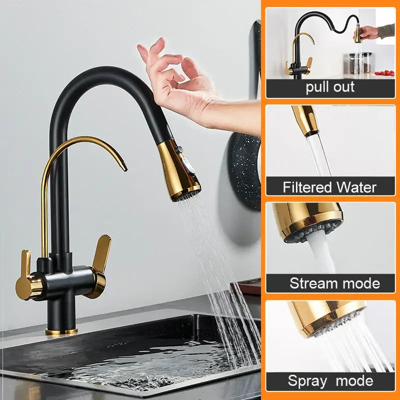Matte black touch sensor kitchen faucet with pull down sprayer in black and gold featuring filtered water stream and spray modes