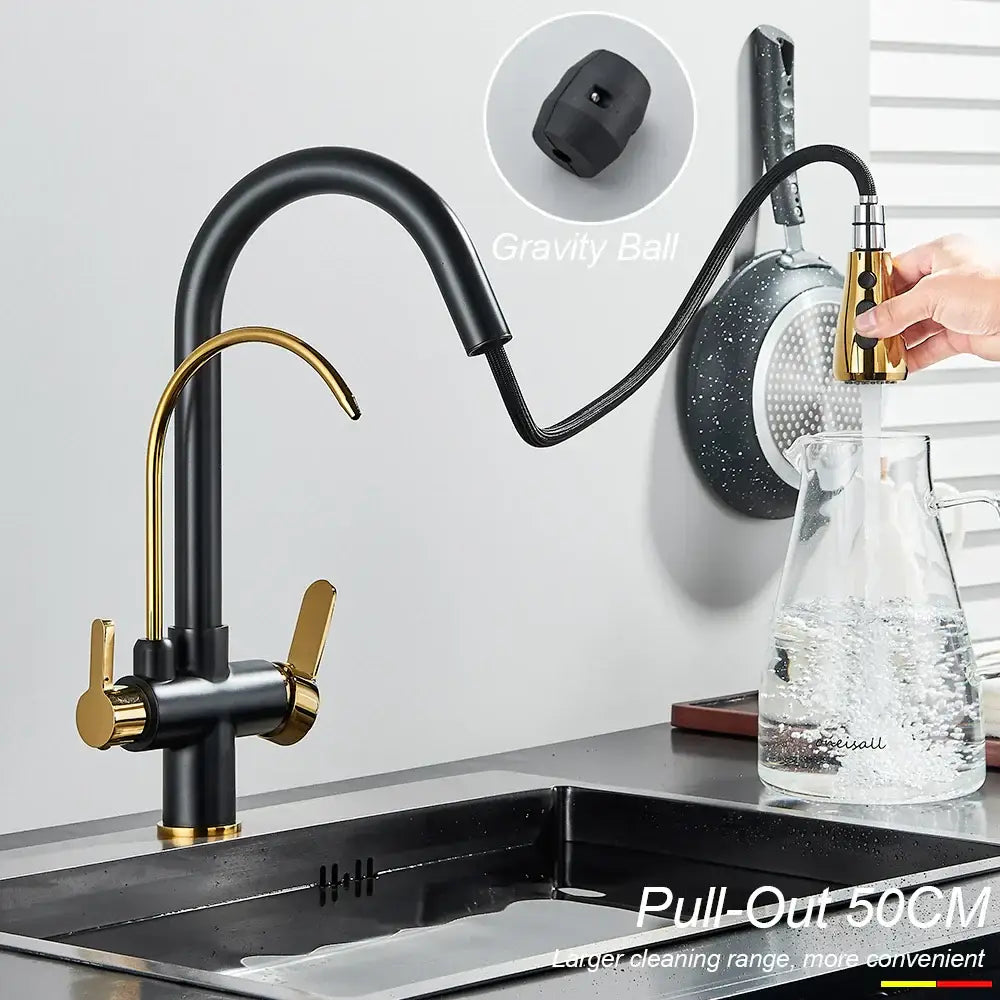 Matte black touch sensor kitchen faucet with black touch pull-out sprayer and gravity ball mechanism in gold accents