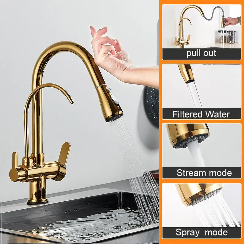 Matte black touch sensor kitchen faucet with pull down sprayer and gold pull-out faucet featuring multiple spray modes