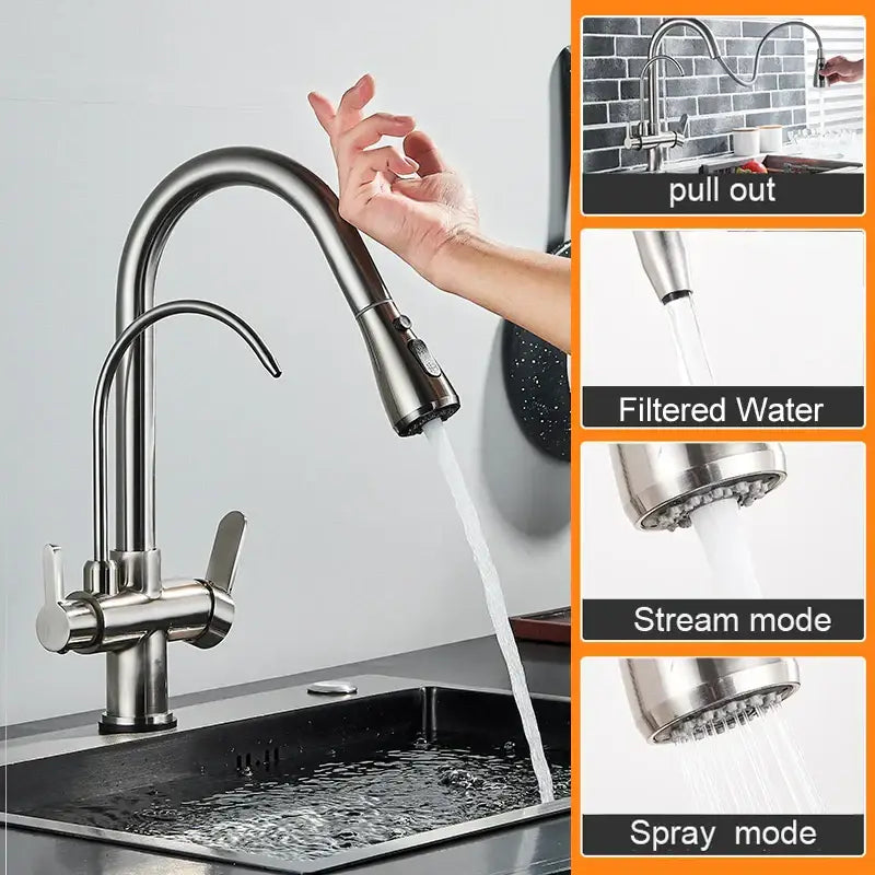 Matte black touch sensor kitchen faucet with pull down sprayer and brushed stainless steel pull-out spray head with filtered water