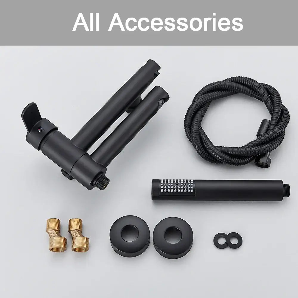 Matte black wall mount tub shower system with a black matte-finish showerhead and textured spray nozzle decorbites black wall