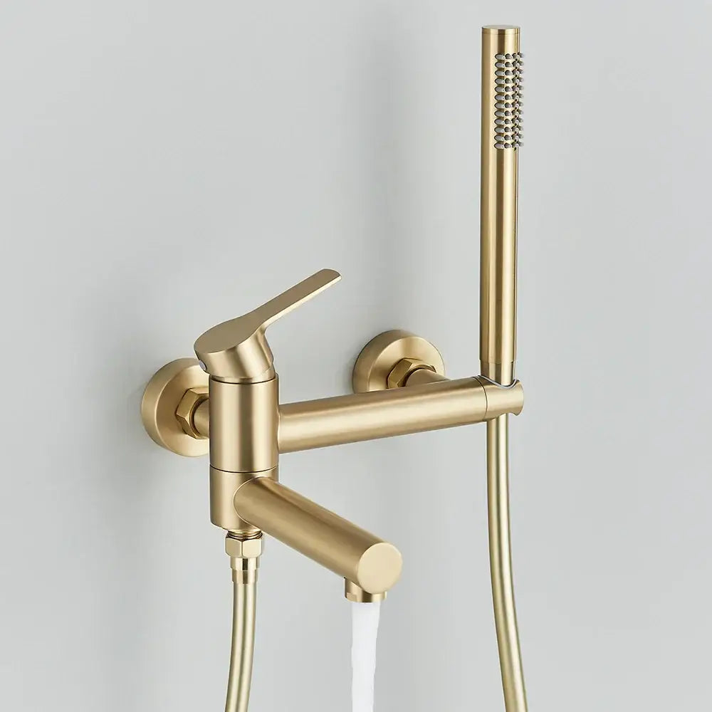 Gold-toned wall mount tub shower faucet with handheld showerhead complementing decorbites black wall mount design
