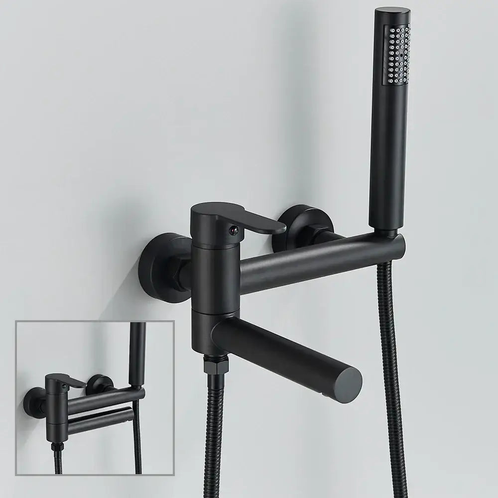 Matte black wall mount tub shower system with handheld spray featuring a sleek decorbites black wall mount design