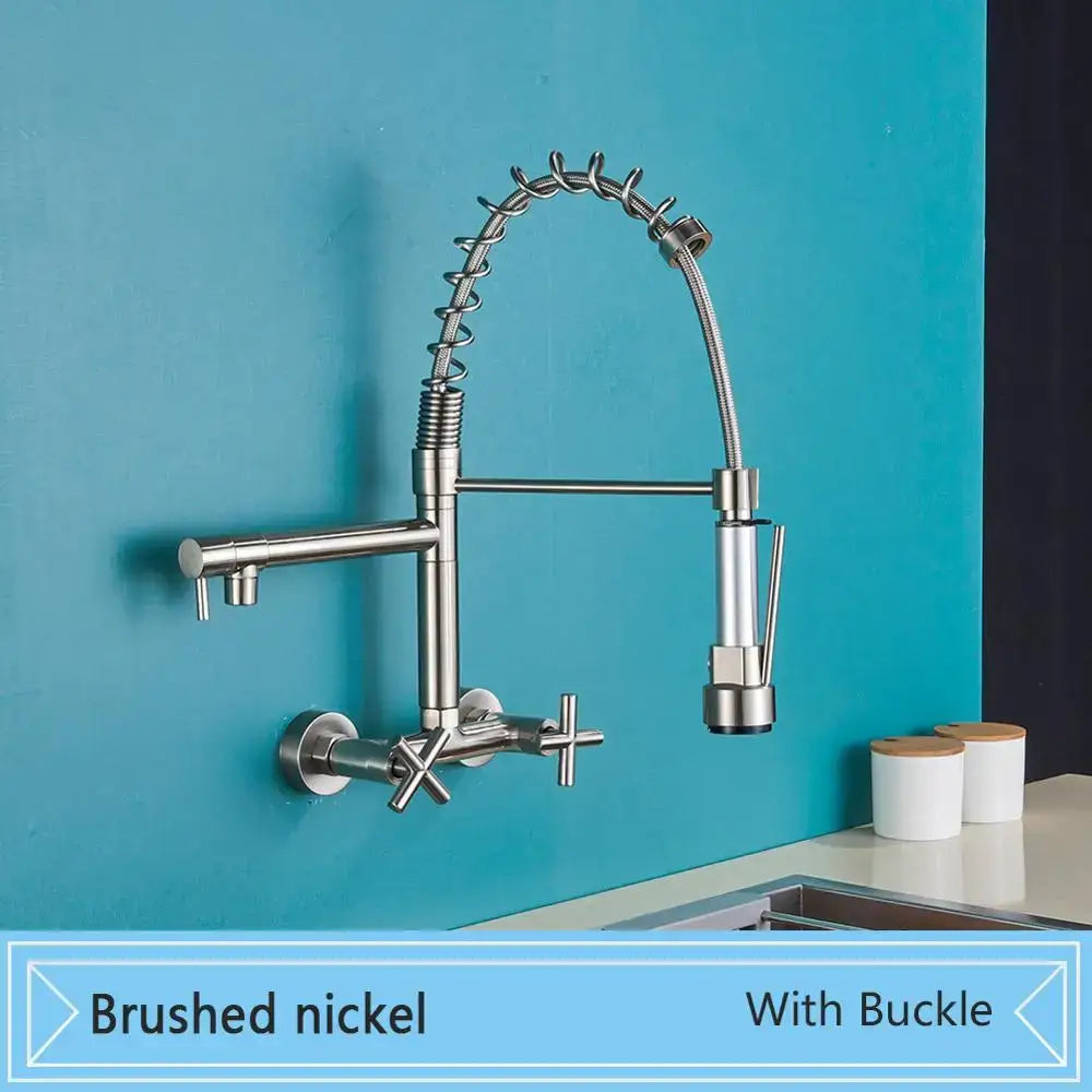 Matte black decorbites black wall-mounted kitchen faucet with gooseneck spout and brushed nickel flexible coiled hose