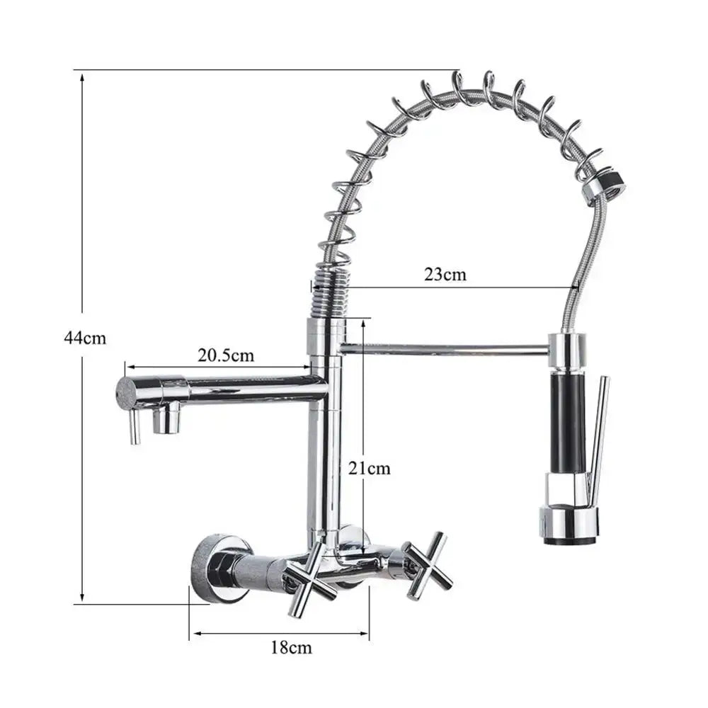Chrome-finished kitchen faucet with flexible coiled hose and cross handles for decorbites black wall-mounted kitchen faucet