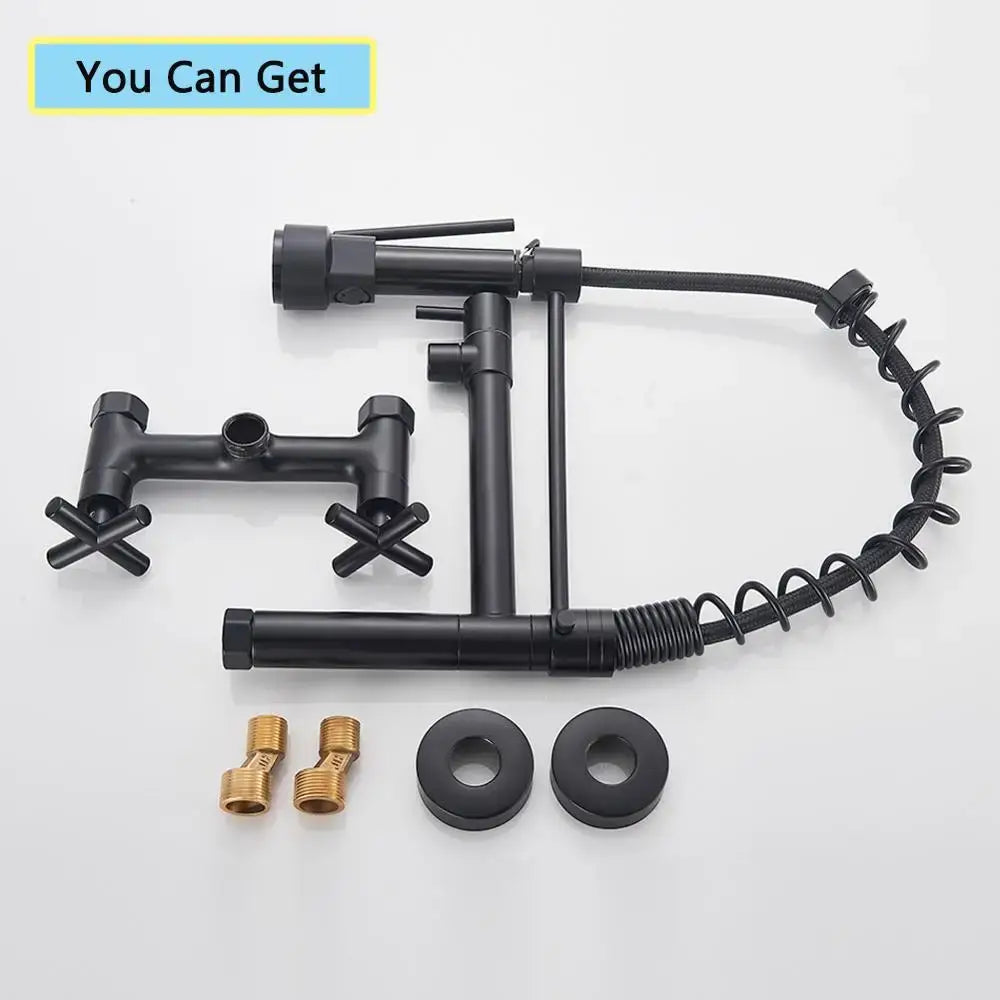 Matte black wall mounted kitchen faucet with gooseneck spout and flexible coiled hose by decorbites black wall-mounted