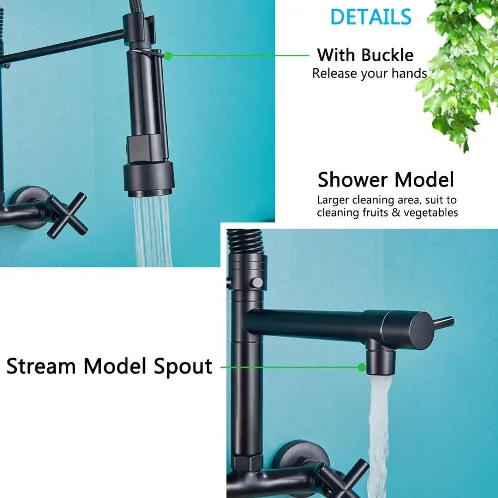 Matte black decorbites black wall-mounted kitchen faucet with gooseneck spout pull-down stream and adjustable shower head