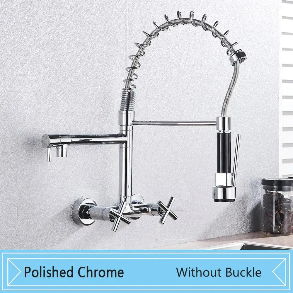 Matte black wall mounted kitchen faucet with gooseneck spout and polished chrome flexible hose by decorbites black