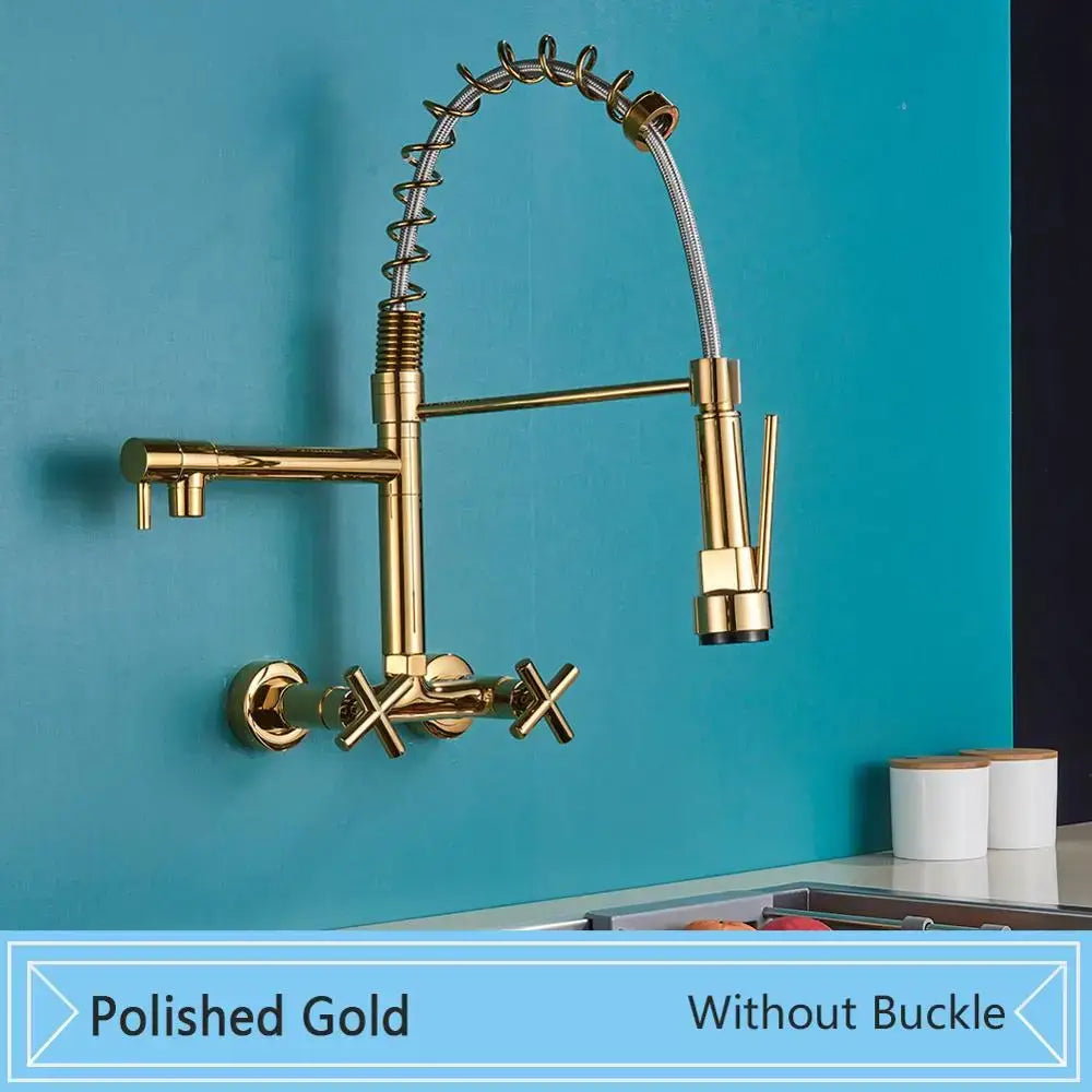 Polished gold kitchen faucet with flexible coiled hose and cross handles contrasted with decorbites black wall-mounted design