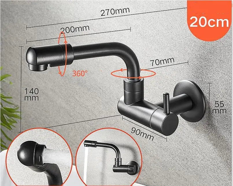 Matte black decorbites black wall-mounted kitchen faucet with 360-degree swivel spout and adjustable height