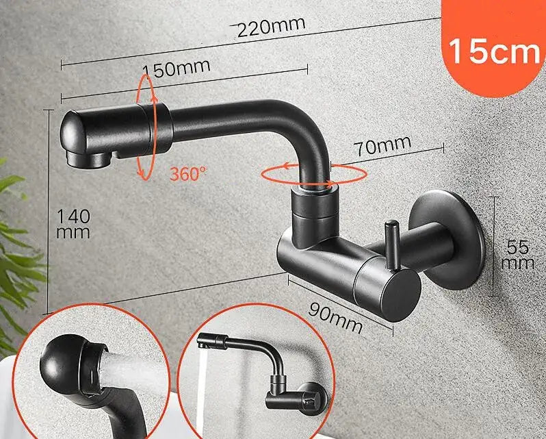 Matte black DecorBites black wall-mounted kitchen faucet with 360-degree swivel spout and adjustable spray head