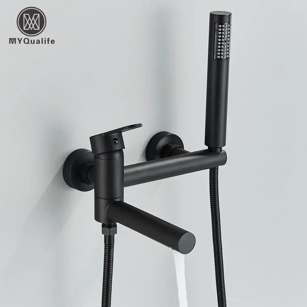 Matte black wall mounted waterfall bathtub faucet with handheld spray and flexible hose by decorbites black wall mounted design