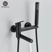 Matte black wall mounted waterfall bathtub faucet with handheld spray and flexible hose by decorbites black wall mounted design