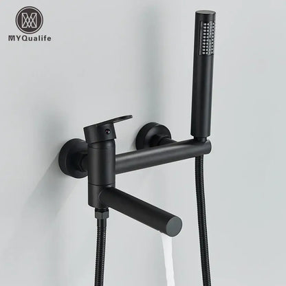 Matte black wall mounted waterfall bathtub faucet with handheld spray and flexible hose by decorbites black wall mounted design