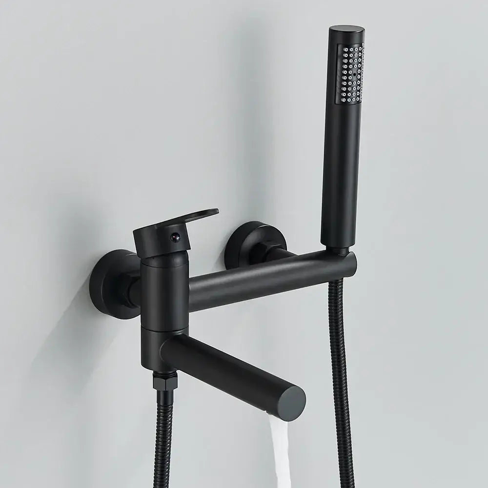 Matte black wall mounted waterfall bathtub faucet with handheld spray featuring sleek decorbites black wall design