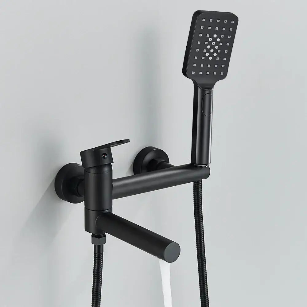 Matte black wall mounted waterfall bathtub faucet with black matte finish handheld showerhead and flexible hose decorbites black wall
