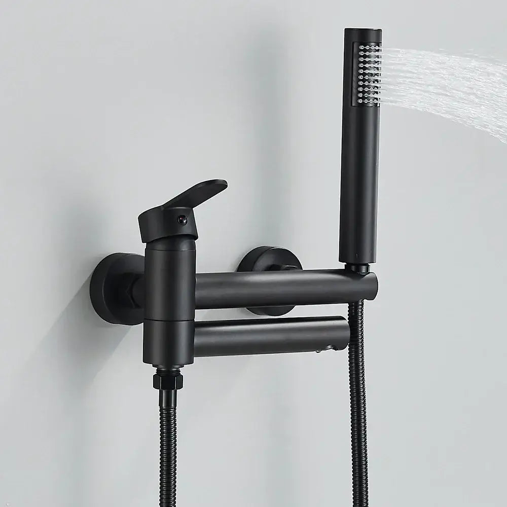 Matte black wall mounted bathtub faucet with waterfall design handheld spray and flexible hose for decorbites black wall use