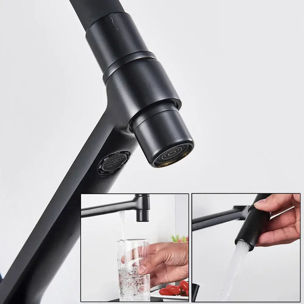 Matte black water filter kitchen faucet with pull down gooseneck tap and sleek modern design