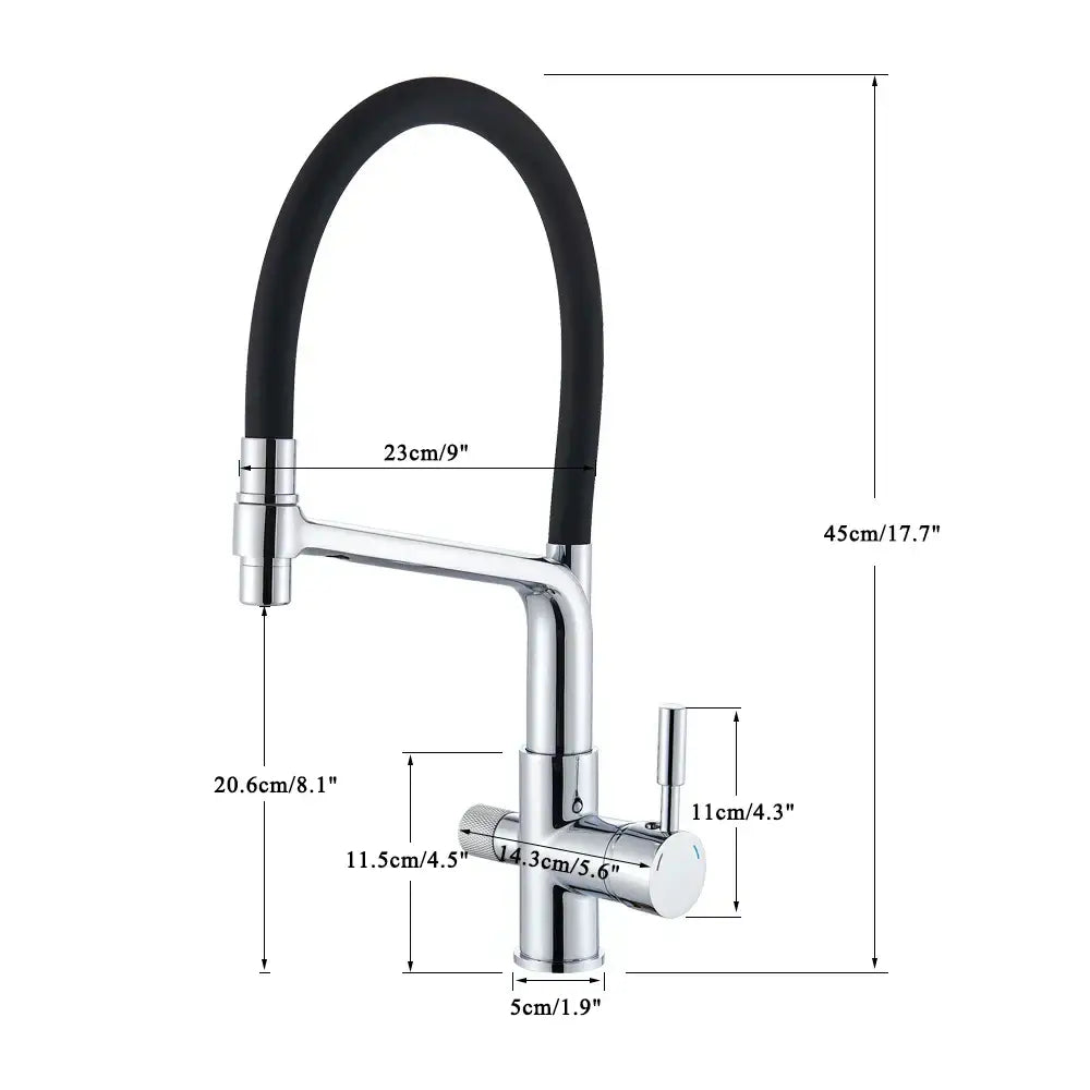 Matte black water filter kitchen faucet with chrome finish, flexible black hose, and curved pull down gooseneck tap